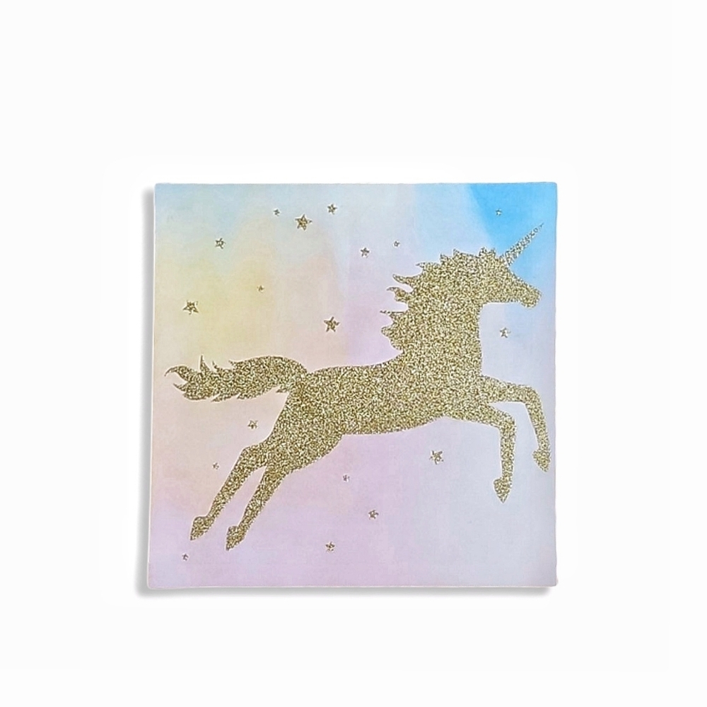Unicorn Canvas Print 13x13" Pastel & Gold Glitter Wall Art Girl's Room Decor EUC
